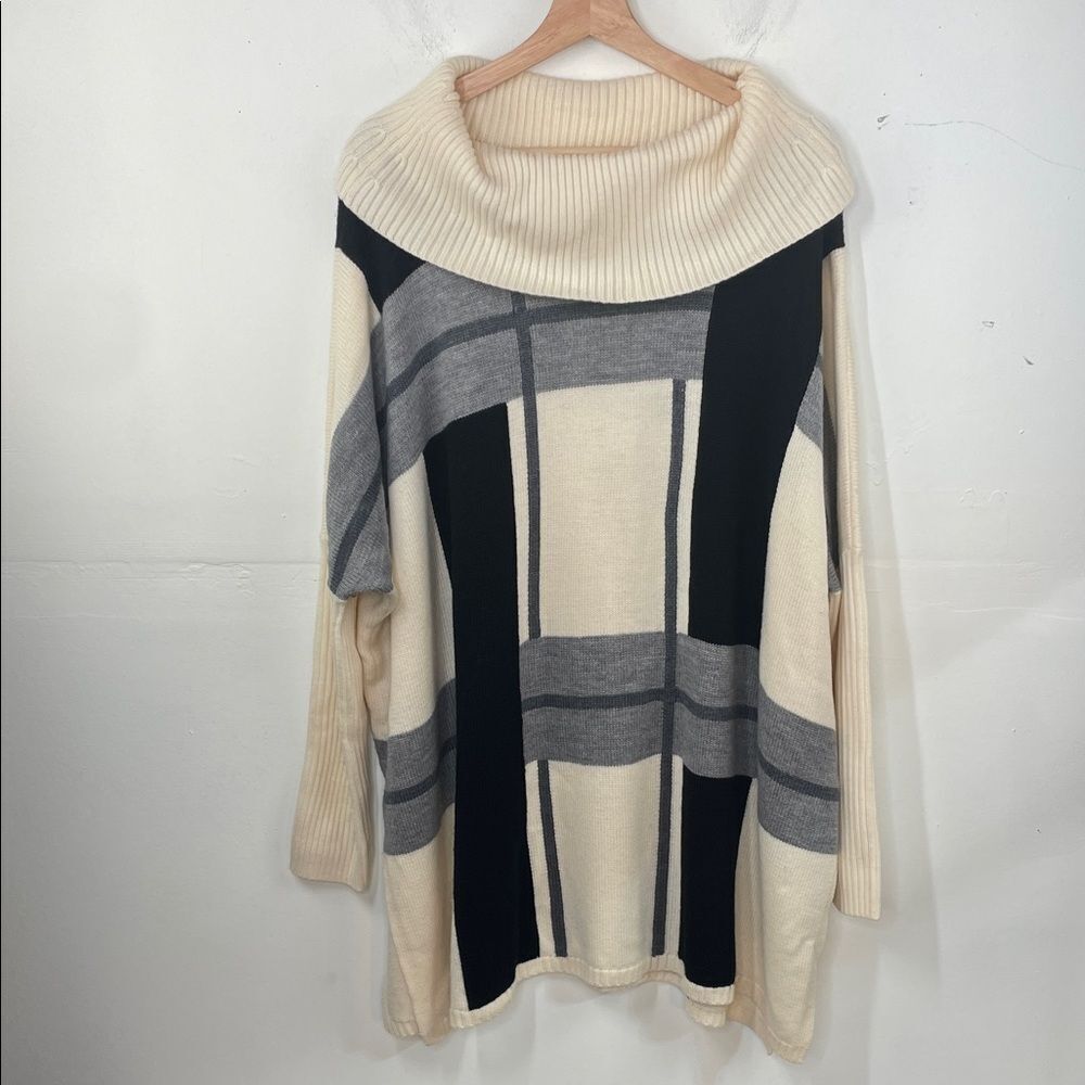 Pendleton Cream Black Gray Plaid Cowl Neck Relaxed Fit Merino Wool Sweater sz XL
